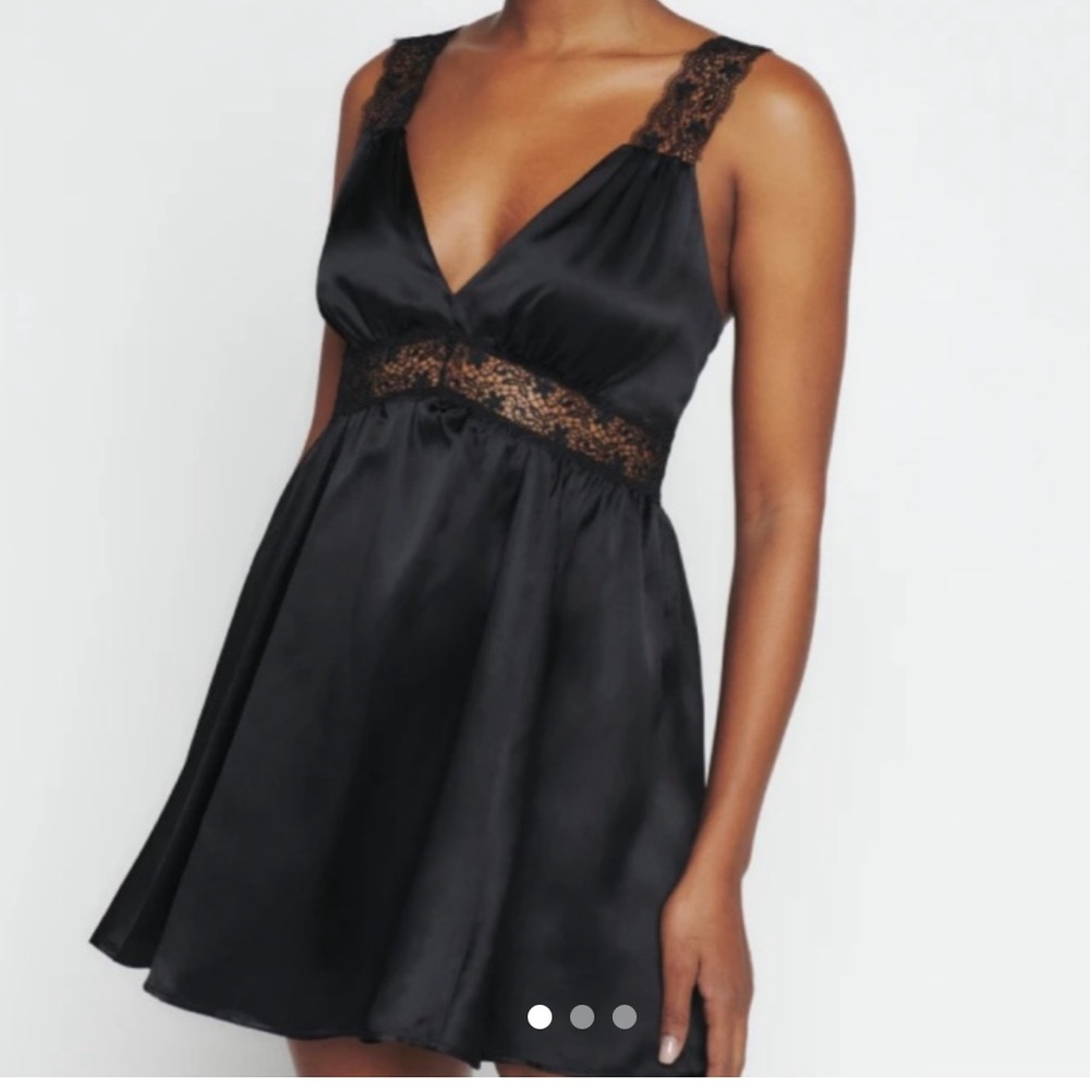 Reformation Black Satin Lace-Trim Mini Dress